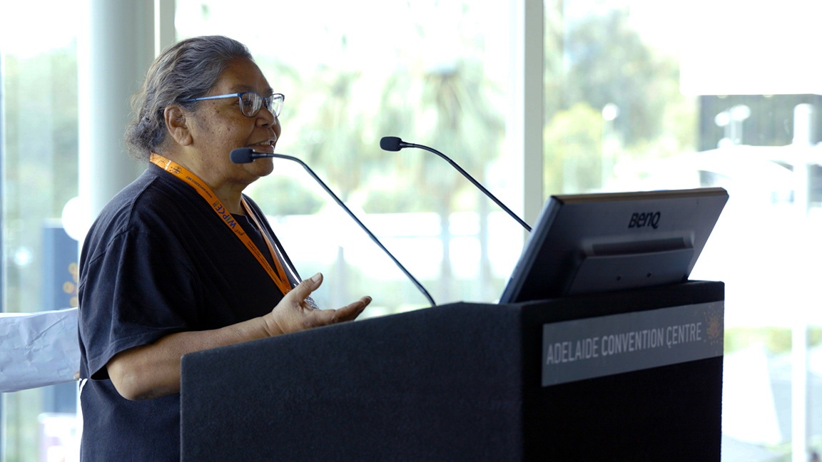 Batchelor Institute’s Dr Robyn Ober discusses the Nawarddeken Academy research project at the World Indigenous Peoples’ Conference on Education in Adelaide in September 2022.